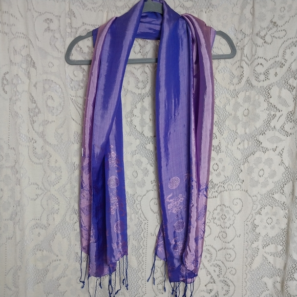100% Silk Scarf Rectangle Pink Purple Blue Tassels Color Shift 68"×17" - Picture 5 of 7